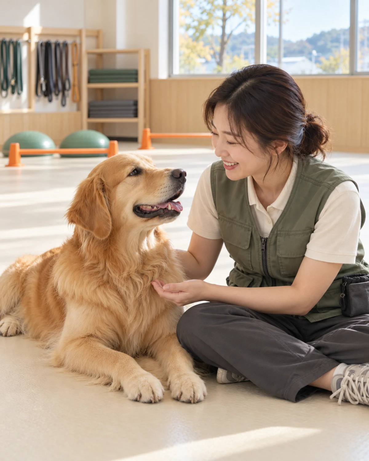 밝은 실내 훈련실 바닥에 앉은 훈련사가 골든 리트리버와 마주 보며 웃는 모습