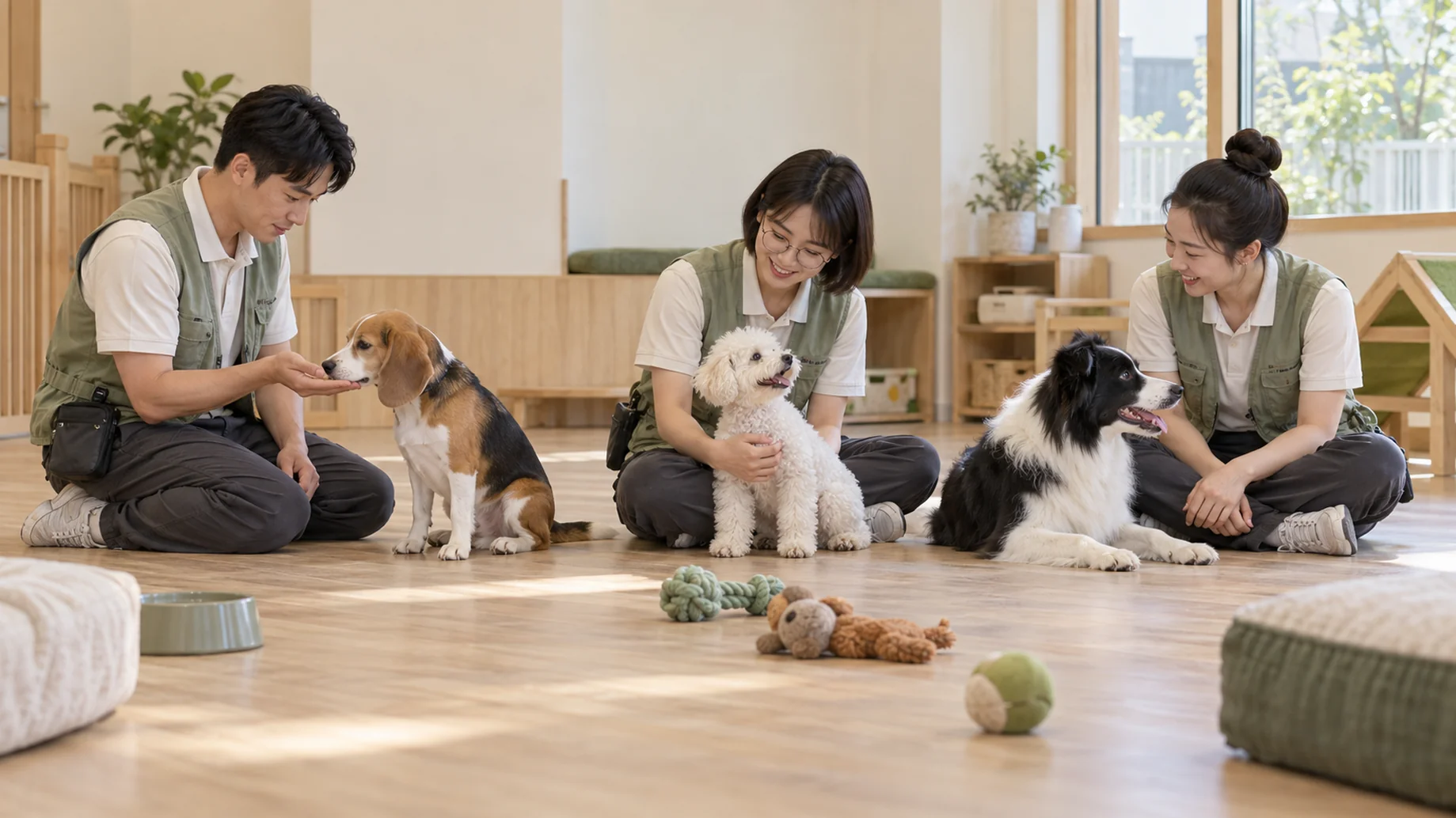 훈련사 세 명이 바닥에 앉아 반려견 세 마리와 함께 있는 모습
