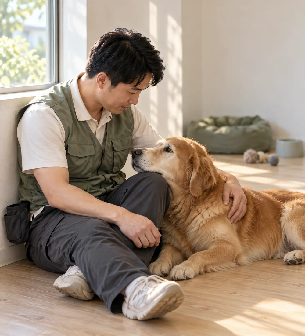 창가 바닥에 앉은 훈련사의 무릎에 턱을 괸 골든 리트리버