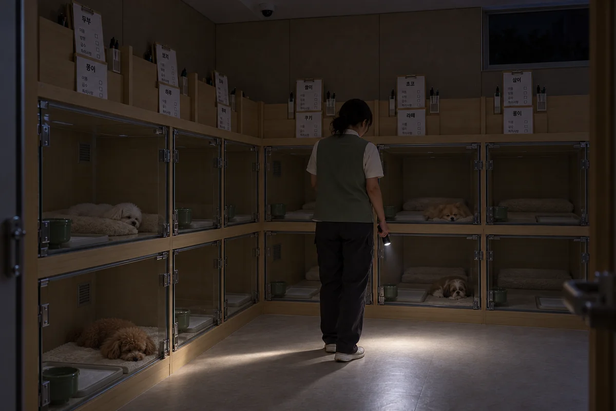 불을 끈 밤, 손전등을 바닥으로 비추며 방을 살피는 야간 근무자